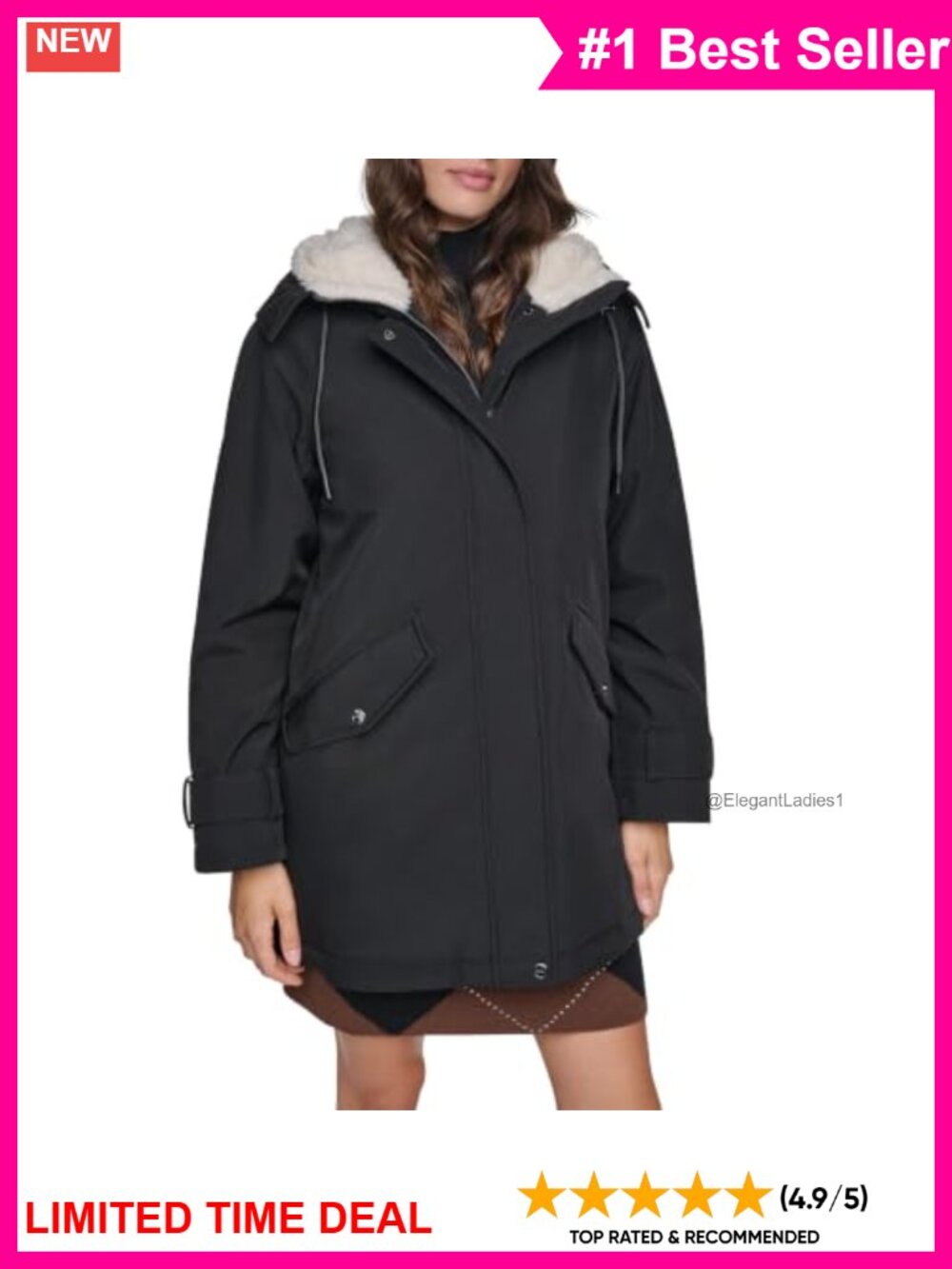 DKNY Womens Winter Parka Sherpa Fleece Lined Hood Water Resistant Long Coat
